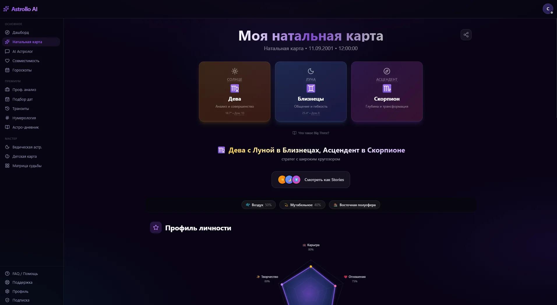 Страница натальной карты в Astrollo на бесплатном тарифе: Большая тройка, интерактивное колесо карты, таблица планет и домов, AI-разбор с первым доступным разделом