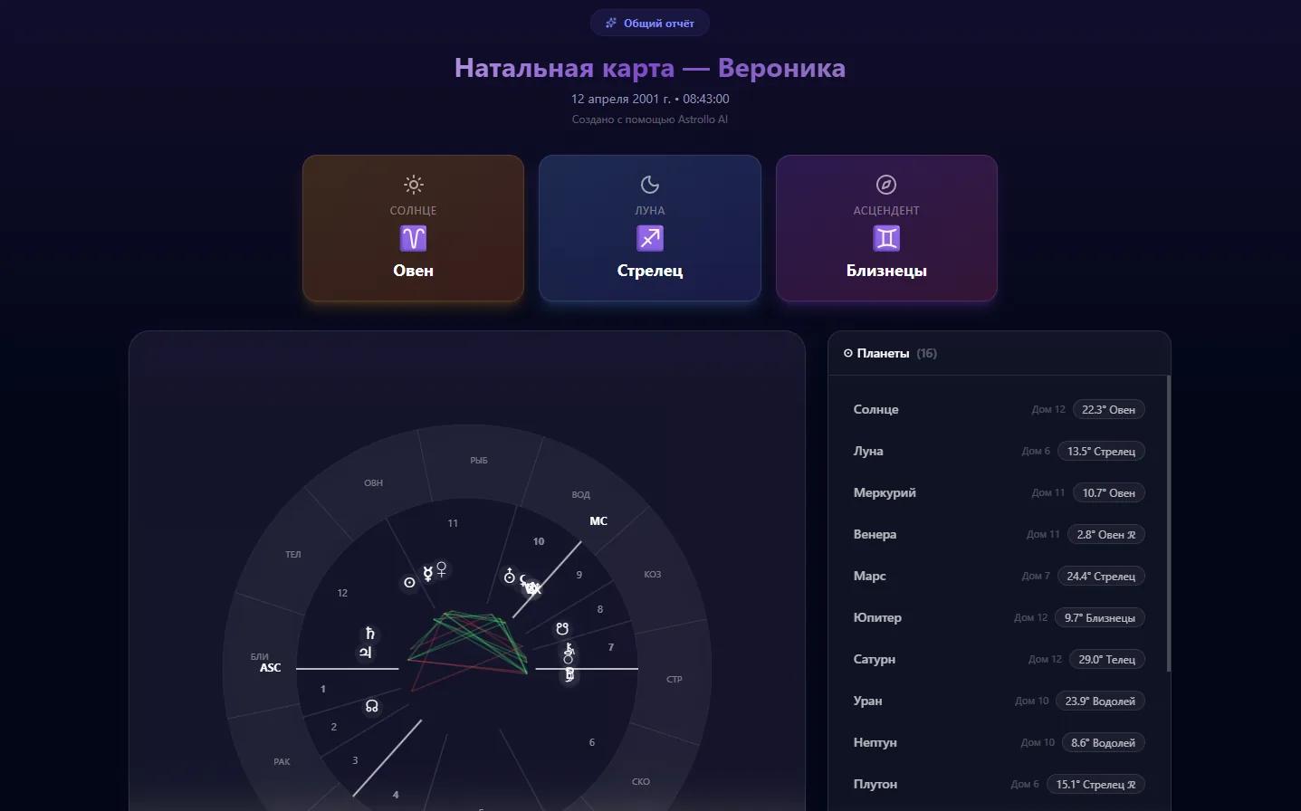 Публичная страница расшаренной карты Astrollo: видна полная карта с колесом, аспектами и big three, заголовок с именем владельца, без блока AI-разбора и без кнопок управления