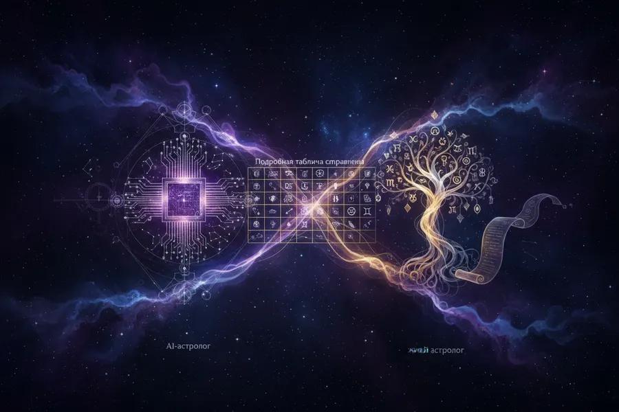 Сравнение AI-астролога и живого астролога: точность, стоимость, скорость, глубина. Когда выбрать AI, а когда — человека.