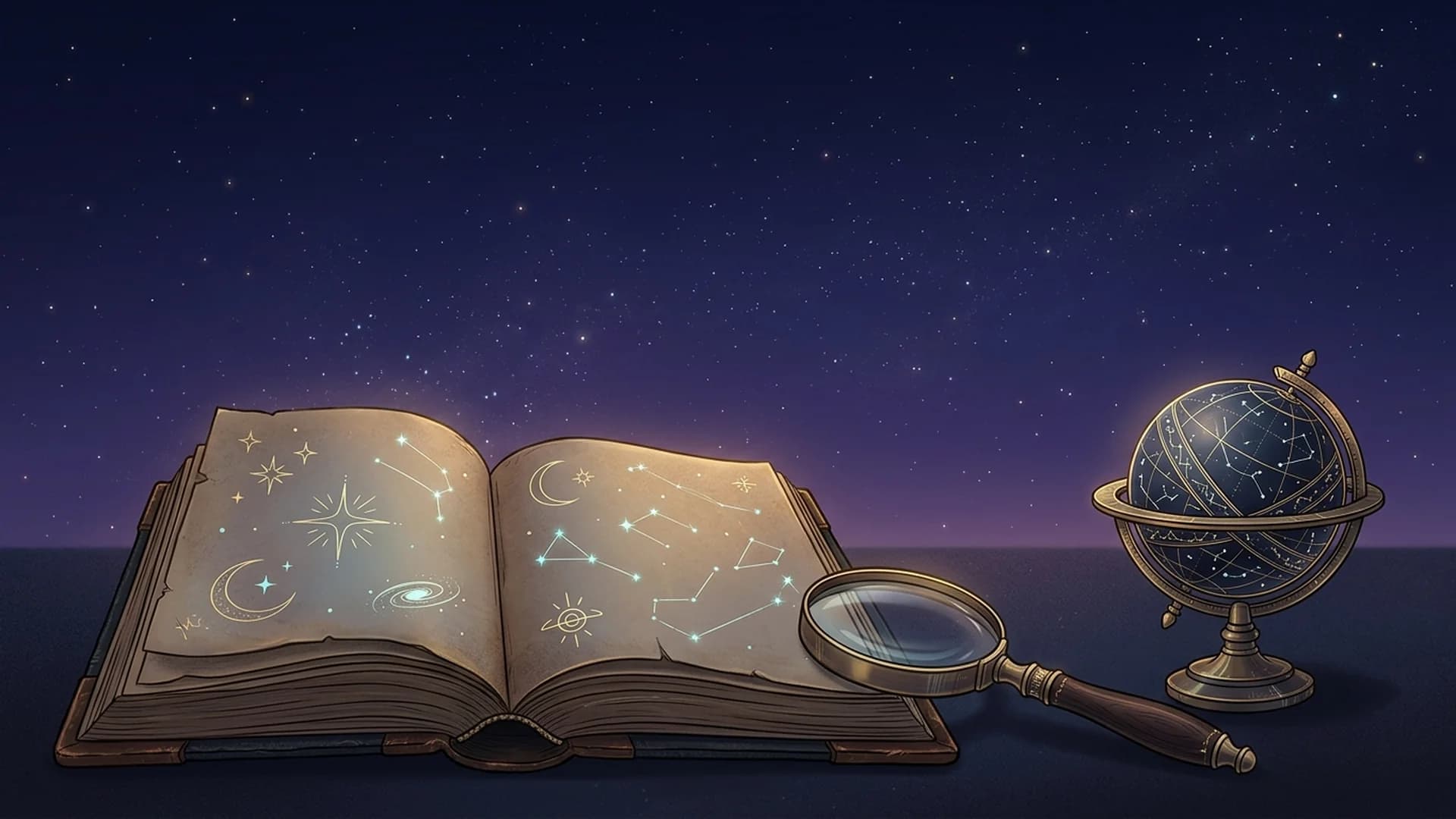 Открытая старинная книга рядом с лупой и небесной сферой