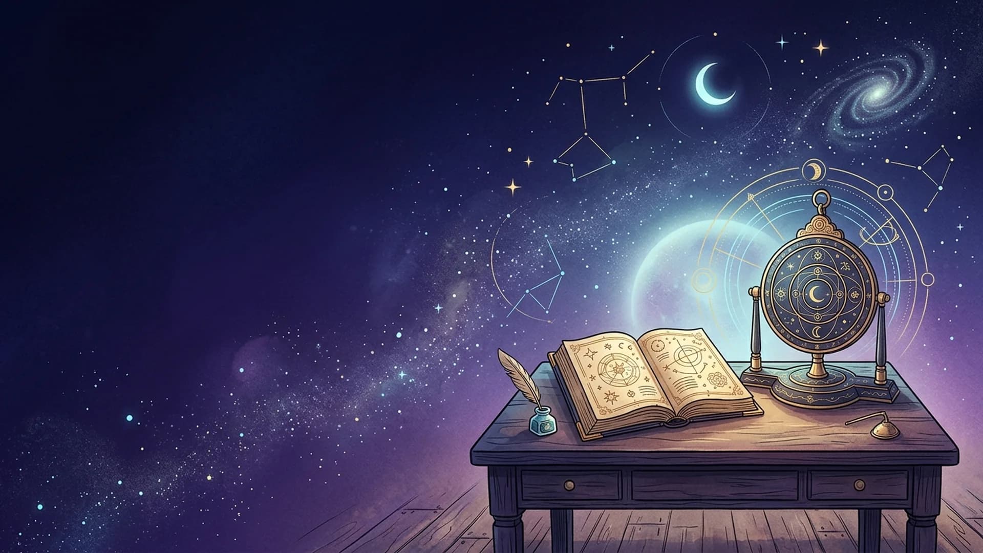 Учебный стол с открытой книгой и небольшим индийским небесным прибором