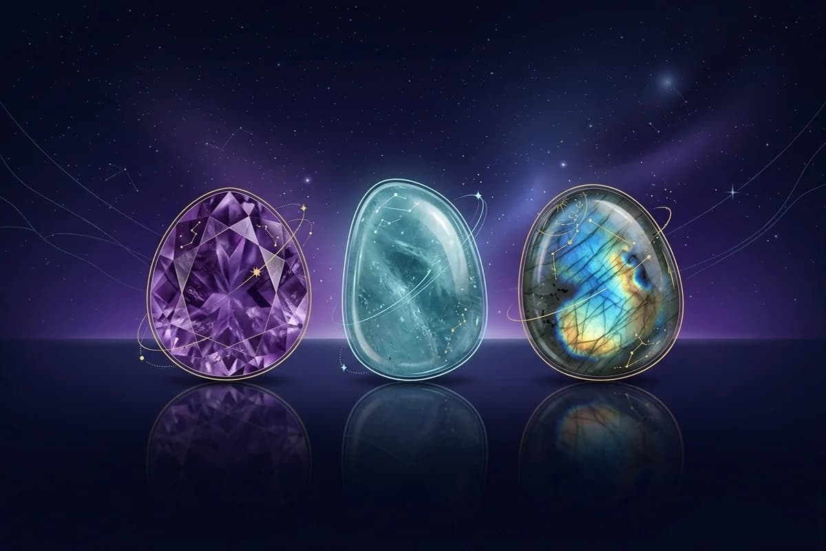 Полированные аметист, аквамарин и лабрадорит — традиционные камни знака Водолей