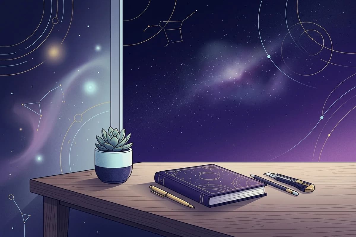 Стол с ремесленным инструментом, книгой и растением при дневном свете