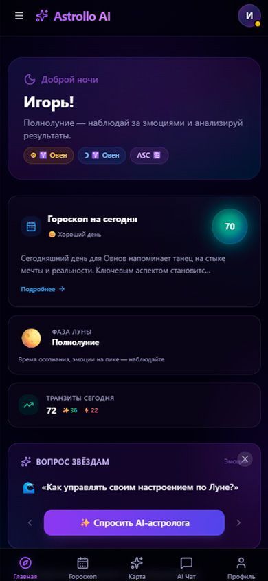 Дашборд Astrollo AI — персональный гороскоп, транзиты и AI-астролог
