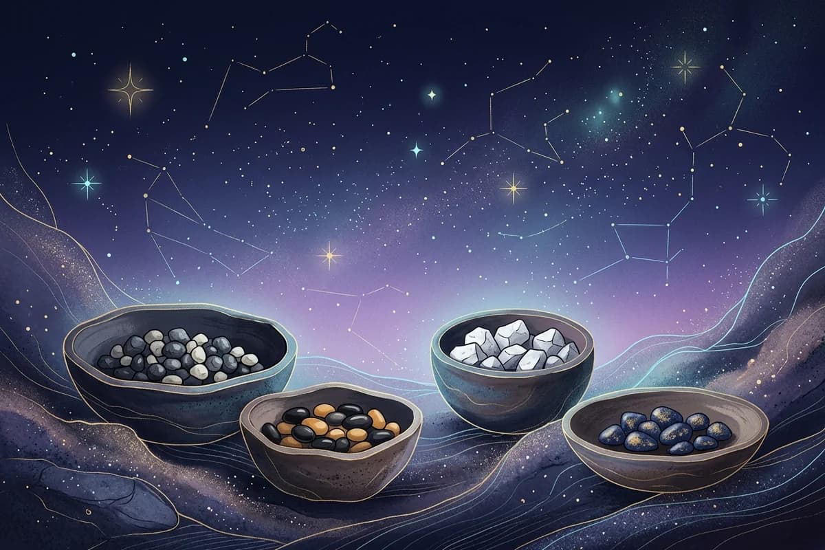 Неглубокие чаши с разными наборами простых счётных камней